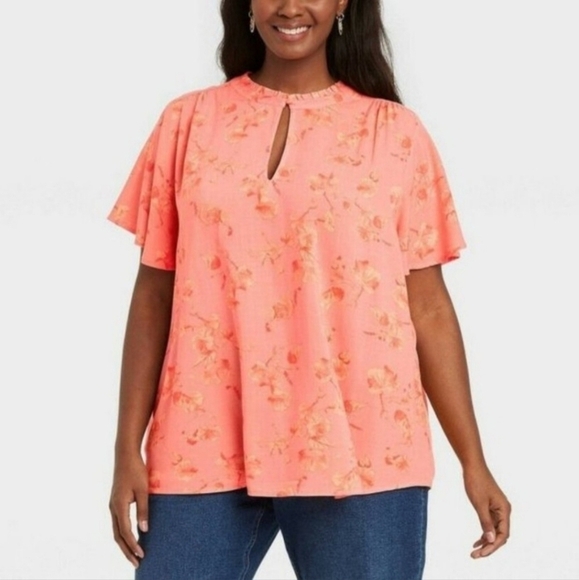 Ava & Viv Top Coral Orange Floral Keyhole Button Frill Ruffle Neck Women’s 3X - Picture 1 of 8